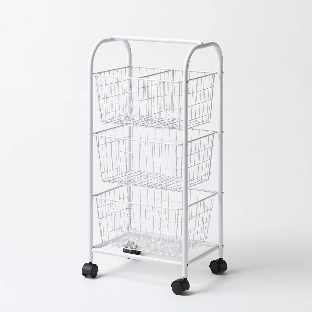 Carrello portaoggetti in metallo su ruote a tre livelli, colore bianco